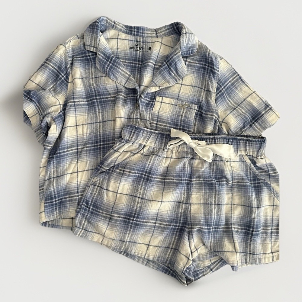 Hollister Pajama Set Womens Small Blue Plaid Sleepwear Shorts Lounge Soft Skater